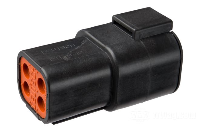 Pin housing »DTP« by Deutsch; for Regulator; fits Softail 2001-2007 and Dyna 2006-2007; 4-way; polyamide, black; 25 A; for wires: ~ 2.0 - 6.0 mm² (AWG 14-10); replaces OEM HD 72604-01BK; China; gross weight: 20 g