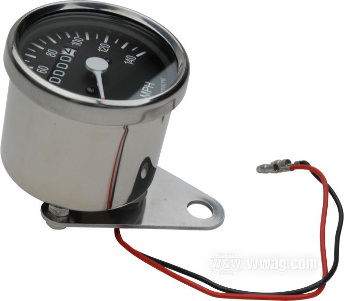 Tachimetro meccanico; atto per FL 1936-1967 e 1981-1984, FX/FXR 1973→, Sportster 1954-1994; cromato; Ø 60 mm; filettatura: M12 x 1.0; rapporto: 2:1 (2000 rpm = 60 mph); →140 mph; con supporto universale; peso lordo: 270 g