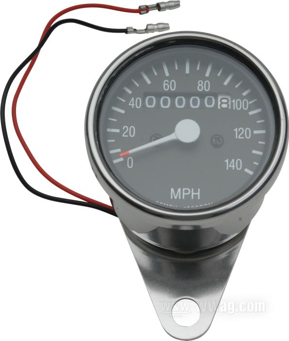 Tachimetro meccanico; atto per FL 1968-1980, FXWG 1980-1983, FX 1971-1972; cromato; Ø 60 mm; filettatura: M12 x 1.0; rapporto: 1:1 (1000 rpm = 60 mph); →140 mph; con supporto universale; peso lordo: 280 g