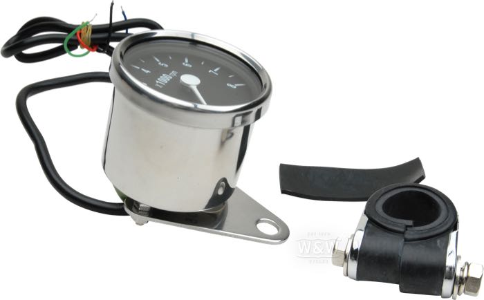 Elektronischer Drehzahlmesser; verchromt; Ø 60 mm; Zifferblatt: schwarz; →8 (x1000) RPM; 12 V; mit Universalhalter; Bruttogewicht: 300 g