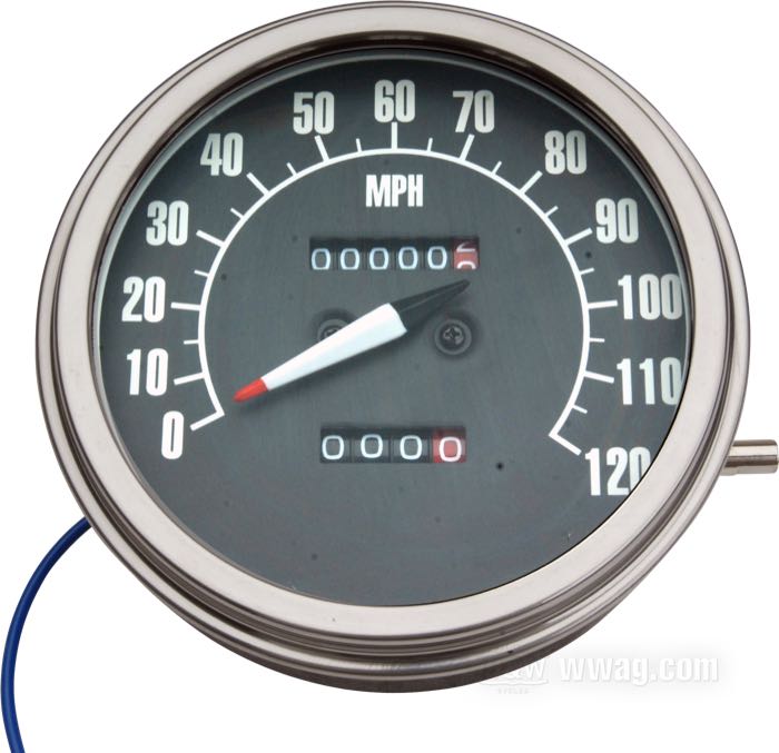 Mechanischer Tachometer »1968-1979 Style«; passend für Modelle mit Tachoantrieb am Getribe oder vom Hinterrad/Hinterachse: Big Twins 1936–61, K-Modelle und Sportster 1952-72,  750er 1937–61; Ø 4-1/4”; Gewinde: 5/8”-18; Zifferblatt: schwarz; Übersetzung: 2:1 (2000 U/min = 60 mph); →120 mph; mit Befestigungsteilen; ersetzt OEM HD 67087-85T; Bruttogewicht: 560 g