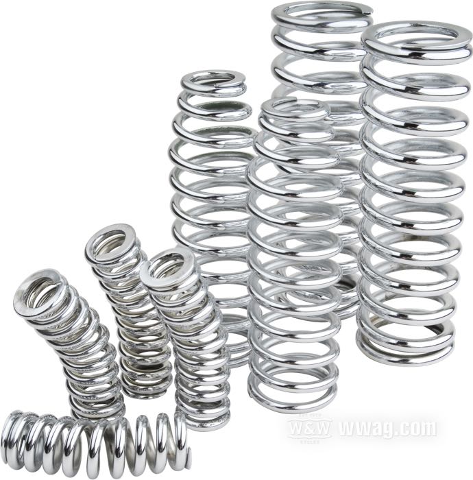 Kit molle; per forcelle Cannonball I-Beam e Springer Classic; atto per modelli W 1940→ e Big Twin Solo 1936→ (ecc. modelli V); acciaio per molle, cromato, set completo (8); rimpiazza OEM HD 2617-36 e 46053-36; peso lordo: 1.79 kg