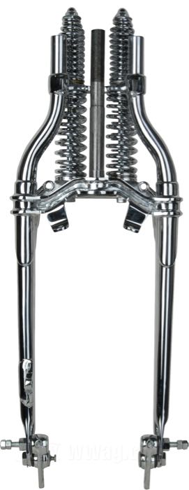 Fourche Springer  »Classic Inline« de Samwel Supplies; adaptable à modèles 45”/750 cc solo W/WL/WLA 1940-1952; acier, chromé, filet intérieur de colonne de direction: 5/8”-14 UNS, filet extérieur de colonne de direction: 7/8”-24 UNS, ressorts chromés; longueur: 48.5 cm; rake: 0 °; rallonge/racourcissemt: originale; remplace OEM HD 45517-40; avec certification du matériel; Europe; poids brut: 13.4 kg