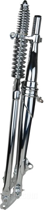 Fourche Springer  »Classic Inline« de Samwel Supplies; adaptable à modèles 45”/750 cc solo W/WL/WLA 1940-1952; acier, chromé, filet intérieur de colonne de direction: 5/8”-14 UNS, filet extérieur de colonne de direction: 7/8”-24 UNS, ressorts chromés; longueur: 48.5 cm; rake: 0 °; rallonge/racourcissemt: originale; remplace OEM HD 45517-40; avec certification du matériel; Europe; poids brut: 13.4 kg