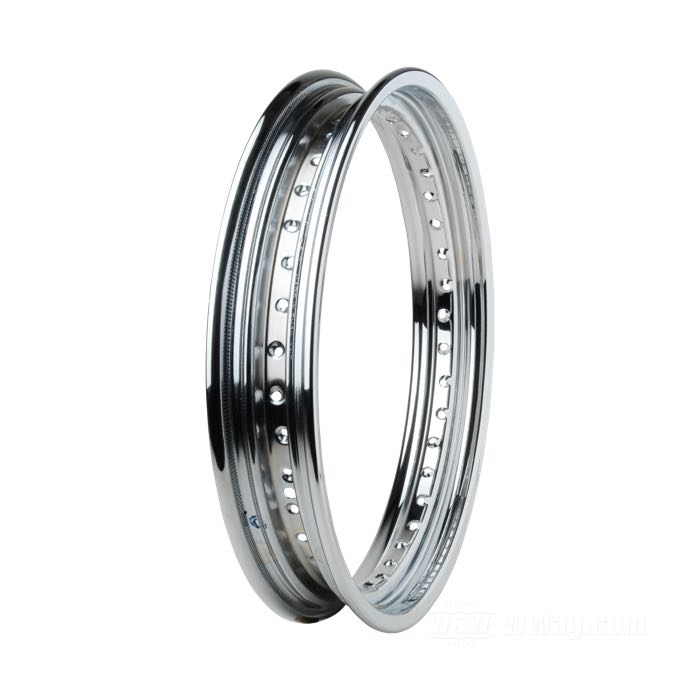 Rim; steel, with rolled edges; profile: drop-center; rim finish: chrome plated; 2.5x19 ”; Number of Spoke Holes: 40; metal valve in center; inner Ø: 441 mm; for wide and narrow hubs; replaces OEM HD 43018-73, 43001-79, and 43001-06; gross weight: 4 kg