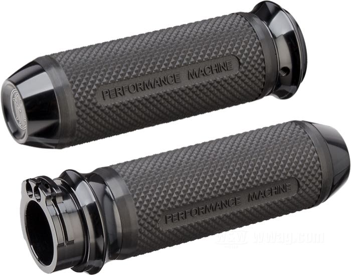Jeu de poignées »Elite« de Performance Machine; adaptable à modèles 1974→ (sauf Touring 2008→, Softail 2016→); caoutchouc / aluminium, anodisé noir; longueur: 127 mm; Ø int. gauche nominal: 1 ”; Ø int. droit nominal: 1 ”; poids brut: 440 g