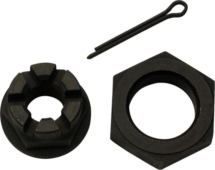 Achsmutternkit; passend für Big Twin 1930-1945; Stahl, parkerisiert, mit Splint und Achsbuchsenmutter; Gewinde: 1/2”-20 / 13/16”-24; Montageposition: vorne; ersetzt OEM HD 4178-30, 43886-30 und 534; Bruttogewicht: 80 g