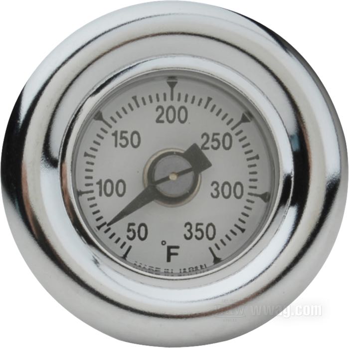 Indicatore temperatura olio; per serbatoi originali e d’accessorio con bocchettone laterale; atto per Softail 2000-2017 (ecc. Rocker (C), Breakout e FXSTSSE3); acciaio / gomma / vetro acrilico, cromato, scala Fahrenheit; quadrante: bianco; lunghezza asta (M): 72 mm; rimpiazza OEM HD 62896-00B; peso lordo: 70 g
