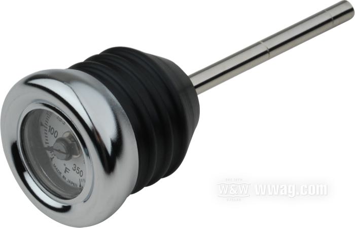 Indicatore temperatura olio; per serbatoi originali e d’accessorio con bocchettone laterale; atto per Softail 2000-2017 (ecc. Rocker (C), Breakout e FXSTSSE3); acciaio / gomma / vetro acrilico, cromato, scala Fahrenheit; quadrante: bianco; lunghezza asta (M): 72 mm; rimpiazza OEM HD 62896-00B; peso lordo: 70 g