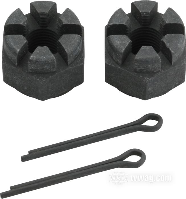 Achsmutternkit; passend für W-Modelle 1937-1952 (nicht WLC); Stahl, parkerisiert, inkl. Splinte; Gewinde: 3/8”-24; Montageposition: vorne; ersetzt OEM HD 7811 und 534; Bruttogewicht: 60 g
