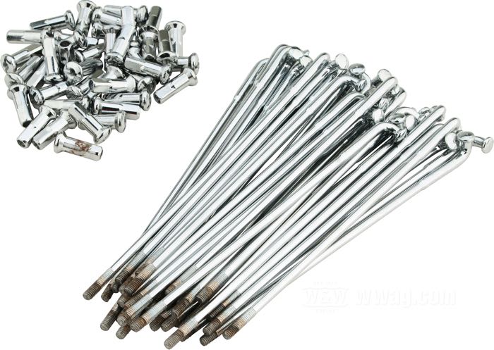 Spoke set; steel, chrome-plated; length L1: 161 mm; diameter D1: 5 mm; diameter D2: 4 mm; head angle α: 104 °; thread: 8G-32; for wide wheel hub; for 15