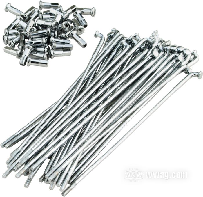 Speichensatz; Stahl, verchromt; Länge L1: 195 mm; Durchmesser D1: 5 mm; Durchmesser D2: 4 mm; Winkel α: 95 °; Gewinde: 8G-32; für breite Radnabe; für 18