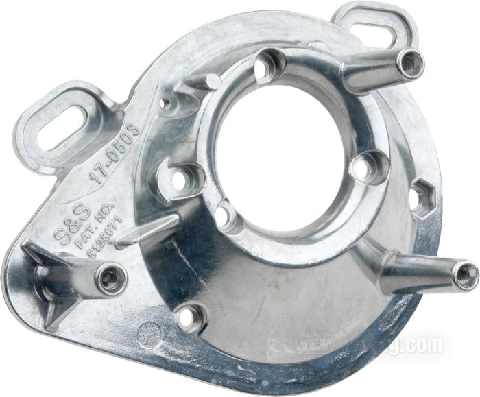Backing plate by S&S; for Super E/G; fits Evo Big Twin 1984-1992, Sportster 1986-1990; cast aluminum; gross weight: 360 g