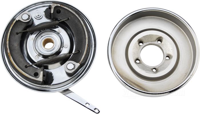 Trommelbremskit »Duplex« von Samwel Supplies; passend für Big Twin 1936-1948, WLC und Servi-Car 1941-1957; Stahl, verchromt; mit Bremstrommel, Grundplatte, Bremsbacken; Europa; Bruttogewicht: 5.6 kg