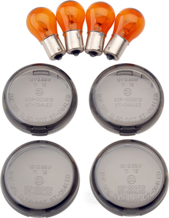 Lenses; for Turn signals; fits VRSCA/VRSCB 2002→; with bullet style turn signals; acrylic glass, smoke; Ø 60 mm; with amber bulbs; replaces OEM HD 69315-02; E11 approved; gross weight: 140 g
