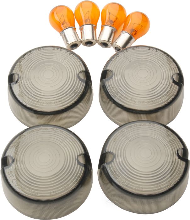 Lenses; for Turn signals; fits FX and Sportster →2001 with domed lens turn signals; acrylic glass, smoke; Ø 74 mm; with amber bulbs; replaces OEM HD 69306-02; E11 approved; gross weight: 300 g