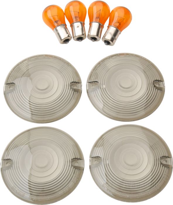 Lenses; for Turn signals; fits models 1986→ with flat lens turn signals; acrylic glass, smoke; Ø 83 mm; with amber bulbs; replaces OEM HD 69308-02; E11 approved; gross weight: 250 g