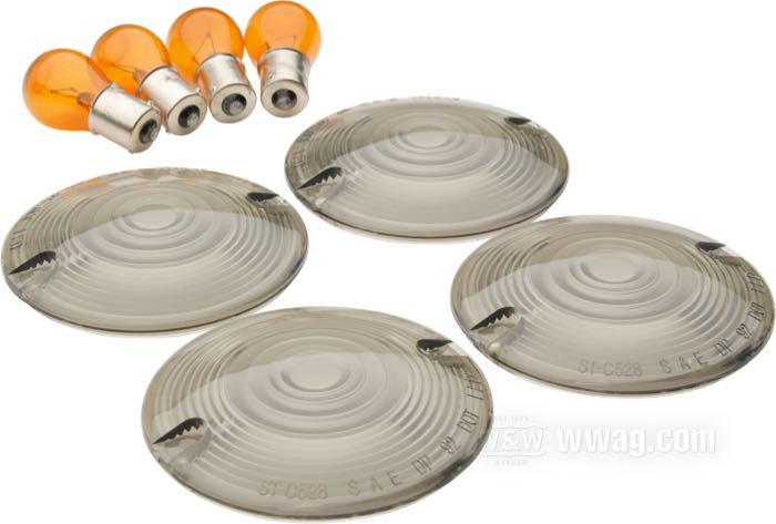 Lenses; for Turn signals; fits models 1986→ with flat lens turn signals; acrylic glass, smoke; Ø 83 mm; with amber bulbs; replaces OEM HD 69308-02; E11 approved; gross weight: 250 g