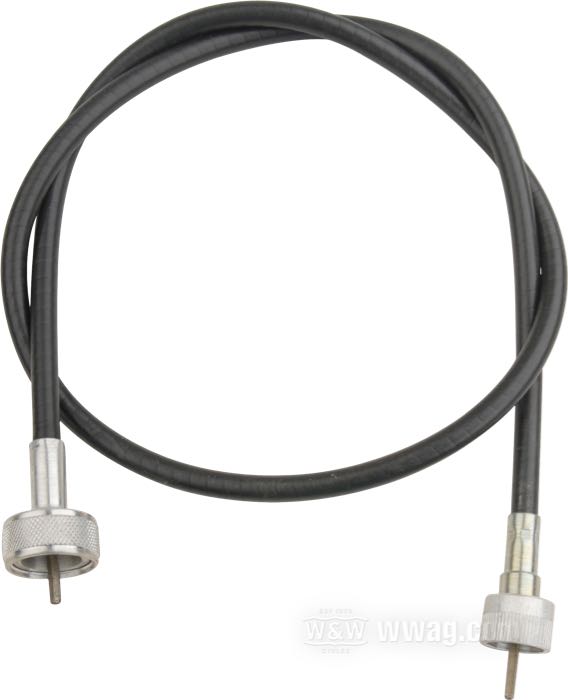 Cavo tachimetro di Barnett; per azionamento per trasmissione; per Tachimetri Fat Bob 1962→; atto per FL 1937-1980, FXWG 1980-1983, FX 1971-1972; acciaio, vinile nero; Ø 7.4 mm; lunghezza guaina: 89 cm; connessione al rinvio: dado 7/8”-18; connessione allo strumento: dado 5/8”-18; rimpiazza OEM HD 67026-62 e 67038-84; U.S.A.; peso lordo: 150 g