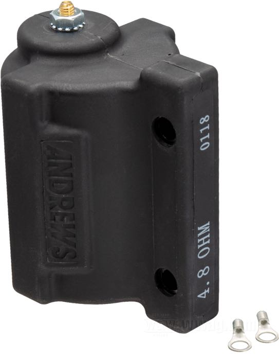 Bobina di accensione di Andrews; atto per Big Twin e Sportster 1965-1979; nero; ad usare con 12 V; resistenza primaria: 4.8 Ω; dual fire ed una candela per testa; attachi alto volt.: due; rimpiazza OEM HD 31609-65A; peso lordo: 500 g