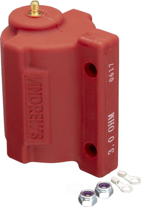 Bobine d'allumage de Andrews; pour allumages électroniques de modèles Evolution; rouge; à utiliser avec 12 V; résistance primaire: 2.8 Ω; dual fire et une bougie par culasse; conct. haut volt.: deux; poids brut: 570 g