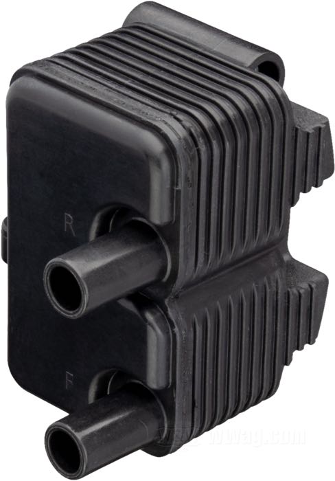 Ignition coil by S&S; fits Softail 2000-2006, Dyna 1999-2005, FLT 2002-2006, Sportster 2004-2006; with carburetor; black; use with 12 V; primary resistance: 2 x 0.8  Ω; single fire - single plug; high tens. tower(s): two; replaces OEM HD 31655-99; gross weight: 700 g