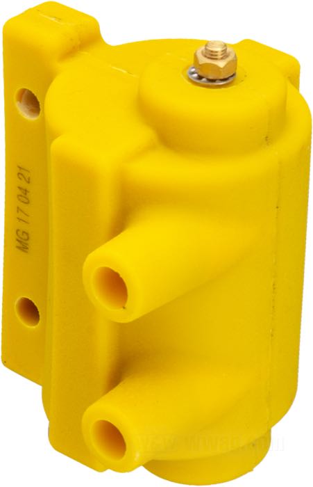 Bobina de encendido de Accel; para Ruptores de contacto; para Encendido Dyna S; amarillo; para usar con 12 V; resistencia primaria: 4 Ω; dual fire y una bujía por culata; conecc. alto volt.: dos; peso bruto: 550 g