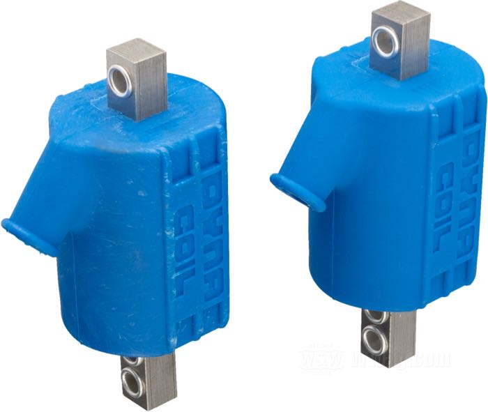 Ignition coil »Core Mount« by Dynatek; for Dyna 4000 & AMM-P3 ignition systems; blue; use with 12 V; primary resistance: 2 x 0.7 Ω; single fire - single plug; high tens. tower(s): one per coil; gross weight: 950 g