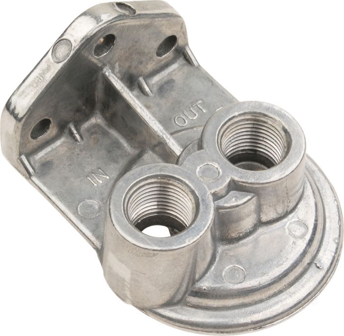 Halter »Hot Rod«; für Ölfilter; Aluminiumguss, Guss-Finish; Gewinde für Ölleitungen: 1/2”-14 NPT; Gewinde für Ölfilterpatrone: 3/4”-16; USA; Bruttogewicht: 260 g
