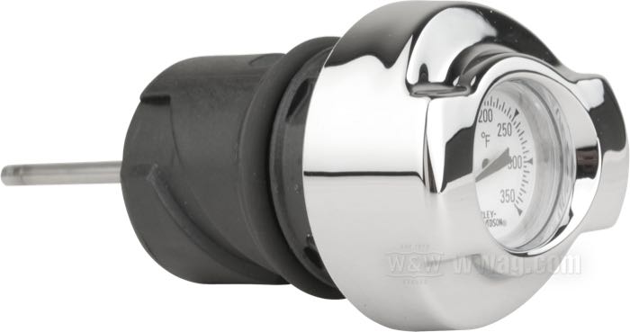 Indicatore temperatura olio; per serbatoi originali e d’accessorio con bocchettone laterale; atto per Sportster 2004-2020 e XR 1200; acciaio / gomma / vetro acrilico, cromato, scala Fahrenheit; quadrante: bianco; lunghezza asta (M): 42 mm; rimpiazza OEM HD 63023-05; peso lordo: 130 g