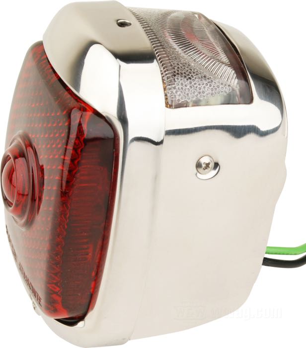 Taillight »Old School« by Mooneyes; steel / glass, chrome-plated; W x H x D: 70 x 108 x 70 mm; thread: M6; 12 V; 4 cp/3 W; socket: BA15s (2x); globe; with bulb(s); without mounting block; with stop light; with license illumination; without license bracket; gross weight: 370 g