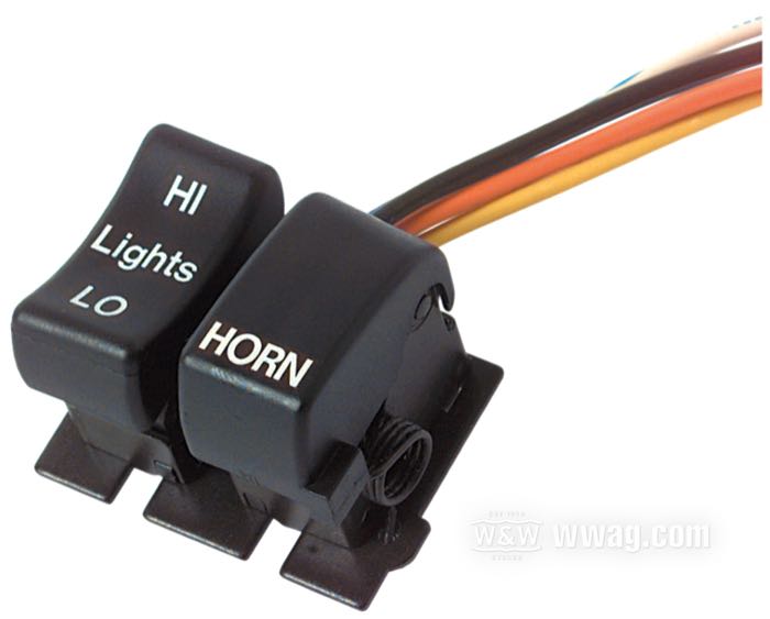 Taster / Schalter; für Auf/Abblendlicht und Hupe; passend für Modelle 1982-1995; links; Messing / Kunststoff / Kupfer, schwarz; ersetzt OEM HD 71597-92; Bruttogewicht: 70 g