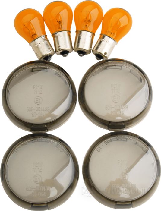 Cabochons; pour Clignotants; adaptable à modèles 2000→ avec clignotants Bullet Style (sauf VRSC); verre acrylique, fumé; Ø 60 mm; avec ampoules coleur organge; remplace OEM HD 69304-02; homologué E11; poids brut: 160 g
