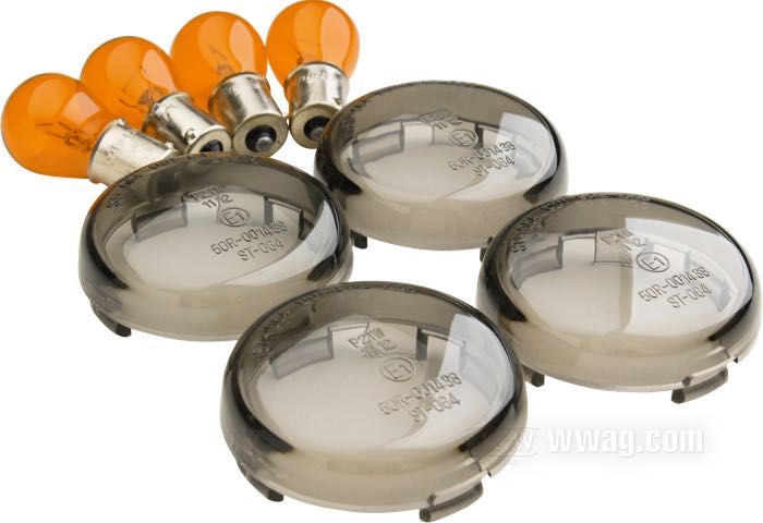Cabochons; pour Clignotants; adaptable à modèles 2000→ avec clignotants Bullet Style (sauf VRSC); verre acrylique, fumé; Ø 60 mm; avec ampoules coleur organge; remplace OEM HD 69304-02; homologué E11; poids brut: 160 g