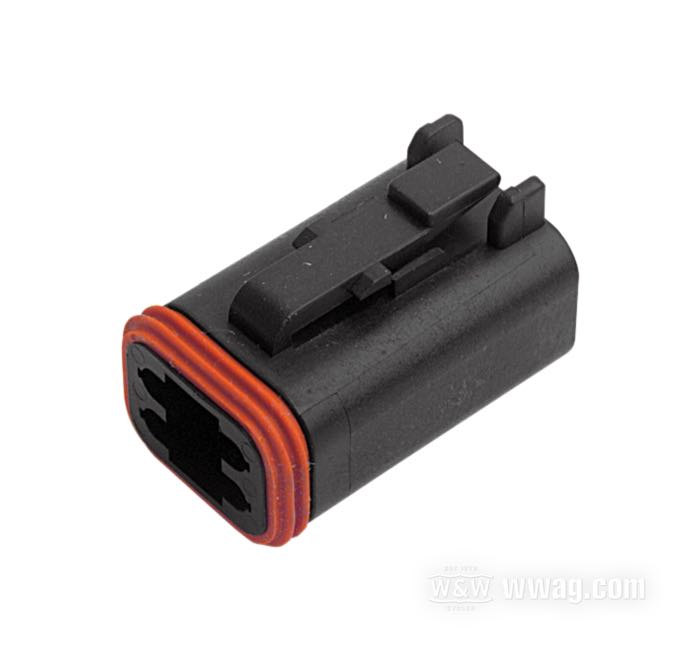 Boîte pour cosses femelles »DT« de Deutsch; 4 voies; polyamide, noir; pour fils de: ~ 0.5 - 2.5 mm² (AWG 20-14); remplace OEM HD 72114-94BK; USA; poids brut: 10 g