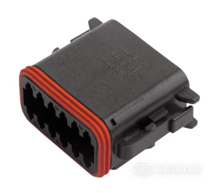 Socket housing »DT« by Deutsch; 12-way; polyamide, black; L x W x H: 31 x 40 x 18 mm; for wires: ~ 0.5 - 2.5 mm² (AWG 20-14); replaces OEM HD 72119-94BK; USA; gross weight: 10 g