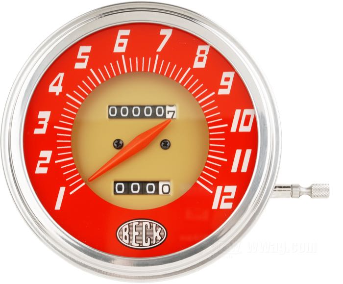 Compteur mécanique »Beck Style«; adaptable à modèles avec entraînement à la boîte vitesses ou roue/axe arrière: Big Twins 1936–61, modèles K et Sportster 1952-72,  750 cm3 1937–61; Ø 4-1/4”; filetage: 5/8”-18; fond: rouge / doré; rapport: 2:1 (2000 tours = 60 mph); →12 (x10) mph; poids brut: 451 g