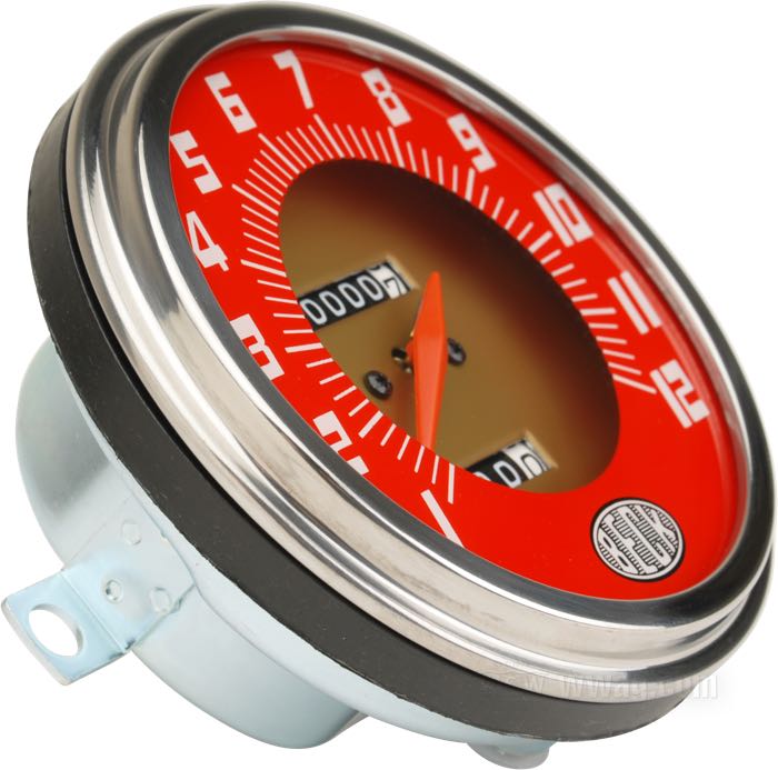 Compteur mécanique »Beck Style«; adaptable à modèles avec entraînement à la boîte vitesses ou roue/axe arrière: Big Twins 1936–61, modèles K et Sportster 1952-72,  750 cm3 1937–61; Ø 4-1/4”; filetage: 5/8”-18; fond: rouge / doré; rapport: 2:1 (2000 tours = 60 mph); →12 (x10) mph; poids brut: 451 g
