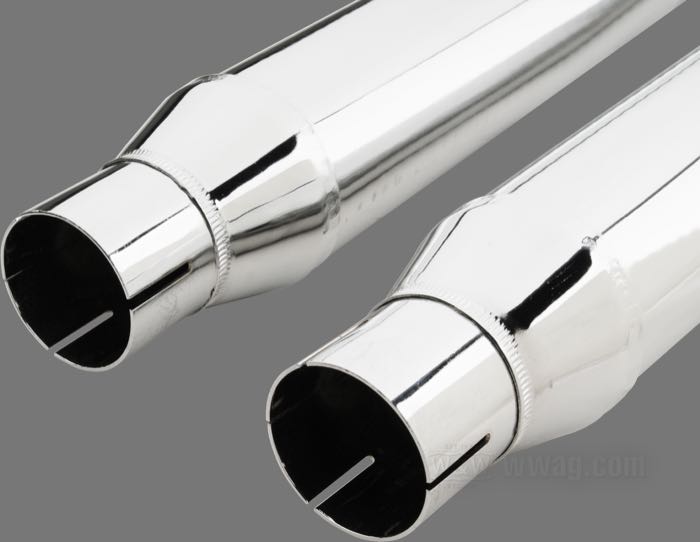 Silenziatore; atto per Super Glide/Sportster 1965-1976; acciaio, cromato; lunghezza: 49 cm; diam. di collettori: 1-3/4”; Punto installazione: anteriore e posteriore; tapered; Ø marmita: 2-5/8 ”; rimpiazza OEM HD 65230-65A e 65235-73; peso lordo: 2.95 kg