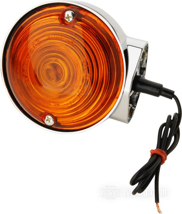 Intermitente; apropiado para FL 1963-1985, FX y Sportster →1972, FXRT 1983-1985; metal, ámbar, cromado; tipo de bombilla: P21W; rosca: #10-24; 12 V; casquillo: BA15s; reemplaza OEM HD 68557-70A y 68552-70A; homologado E11; peso bruto: 300 g