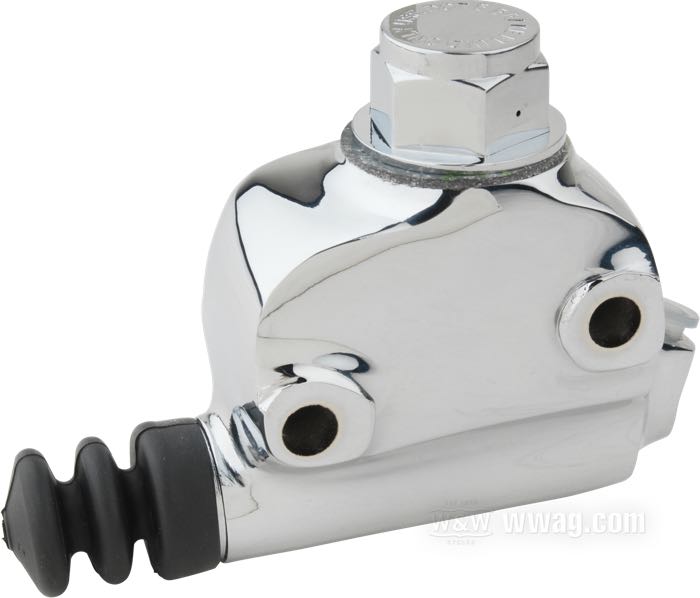 Brake master cylinder »Lockheed-Wagner«; fits FL/FLH/FX 1973-early 1979; cast iron, chrome-plated / polished; L x W x H: 108 x 44 x 97 mm; piston Ø: 3/4” (19 mm); required brake fluid: DOT 5; replaces OEM HD 41761-78; gross weight: 942 g