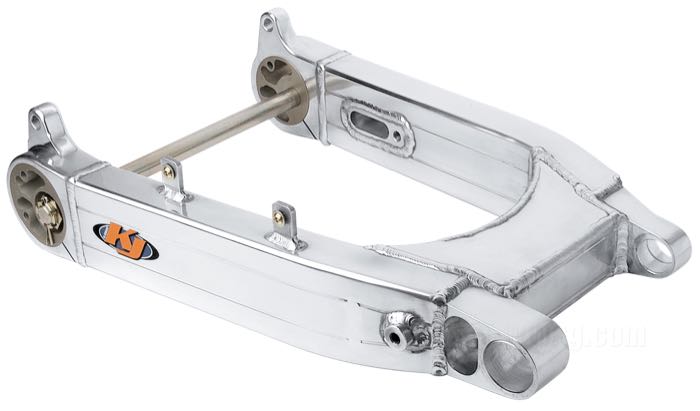 Swingarm by K&J; fits Sportster 2004-2007; aluminum, polished; with 2 tensioners, wheel axle; with parts certificate; Germany; gross weight: 6.3 kg