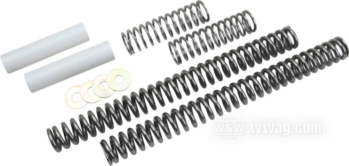 Kit para bajar »Drop-In« de Progressive Suspension; para Horquilla hidraúlica; para tubos de 41.3 mm; apropiado para FL(H/HT/T) late 1977-2016 (salvo FLT/FLHT 2002-2005), FLHR 1994-2016, FX(D)WG 1980-2005, Softail 1984-2017; acero, natural; peso bruto: 1.5 kg