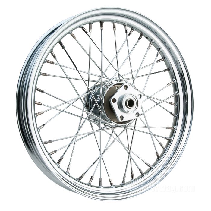 Ruota a raggi; atto per FL/FLH 1973–1981, FX, FXE, FXEF, FXWG 1973-E1982; mozzo largho tipo 1973-99 (anteriore o posteriore); finissaggio mozzo: cromato(a); Ø collare centraggio: 50 mm; flangia doppia, fori di 3/8” e 7/16