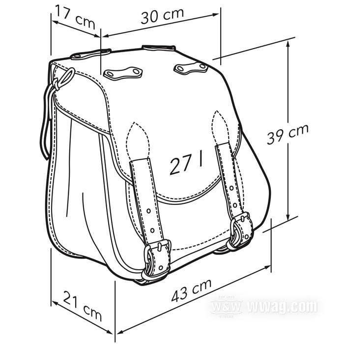 Alforja »SneBamse« de Lejonkulan; cuero de vaca, negro, espalda plana; A x A x F: 43 x 39 x 21 cm; volumen: 27 l; Suecia; peso bruto: 4.23 kg
