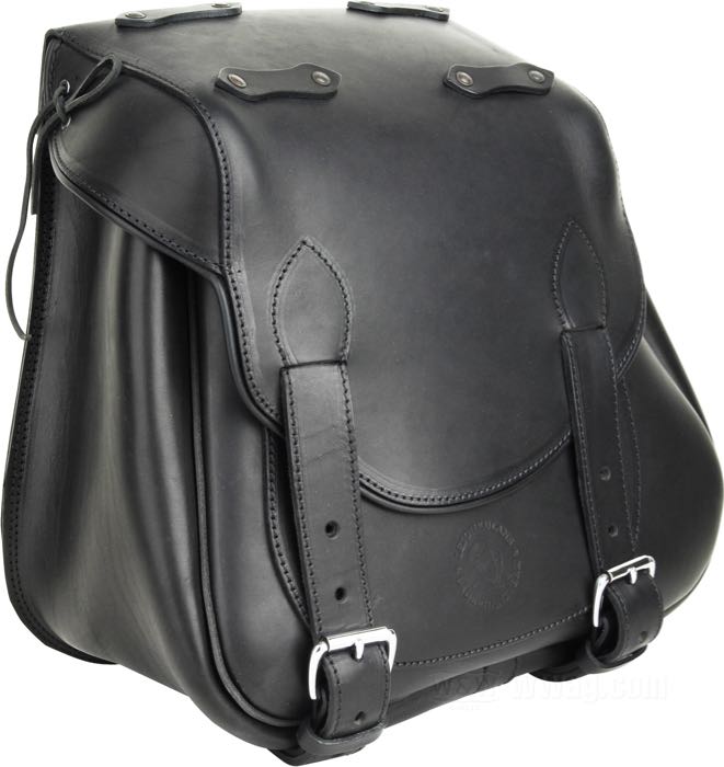 Alforja »SneBamse« de Lejonkulan; cuero de vaca, negro, espalda plana; A x A x F: 43 x 39 x 21 cm; volumen: 27 l; Suecia; peso bruto: 4.23 kg