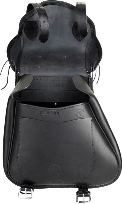 Alforja »SneBamse« de Lejonkulan; cuero de vaca, negro, espalda plana; A x A x F: 43 x 39 x 21 cm; volumen: 27 l; Suecia; peso bruto: 4.23 kg