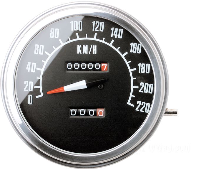 Mechanical speedometer »1968-1979 Style«; Ø 4-1/4”; thread: 5/8”-18; dial: black; drive ratio: 1400 rpm = 60 km/h; →220 km/h; gross weight: 480 g