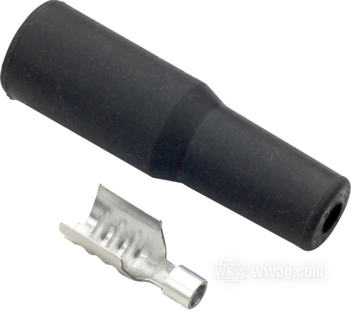 Kabelverbinder und Gummiisolator von Accel; für Zündspule; passend für Twin Cam 2004→, Sportster 2004-2020; zum Crimpen; Metall / Gummi, schwarz; Zündsp.seite Steckerwinkel: 180°; Bruttogewicht: 18 g