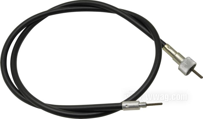 Cavo tachimetro di Barnett; per Ruota anteriore; atto per FX/FXE 1973-1985 (eccetto FXWG e FXST), FXSB 1984-1986, FXR 1984-1994, XLH 1973, XLH 1984-1985, XLX 1983-1985, Evolution Sportster 1986-1994; lunghezza originale; acciaio / vinile, acciaio, vinile nero; Ø 7.4 mm; lunghezza guaina: 100 cm; connessione al rinvio: filettatura 1/4”-20; connessione allo strumento: dado M16 x 1.0; rimpiazza OEM HD 67052-78A, 67052-78B, 67051-73, 67077-85, 67078-85 e 67078-85A; U.S.A.; peso lordo: 180 g